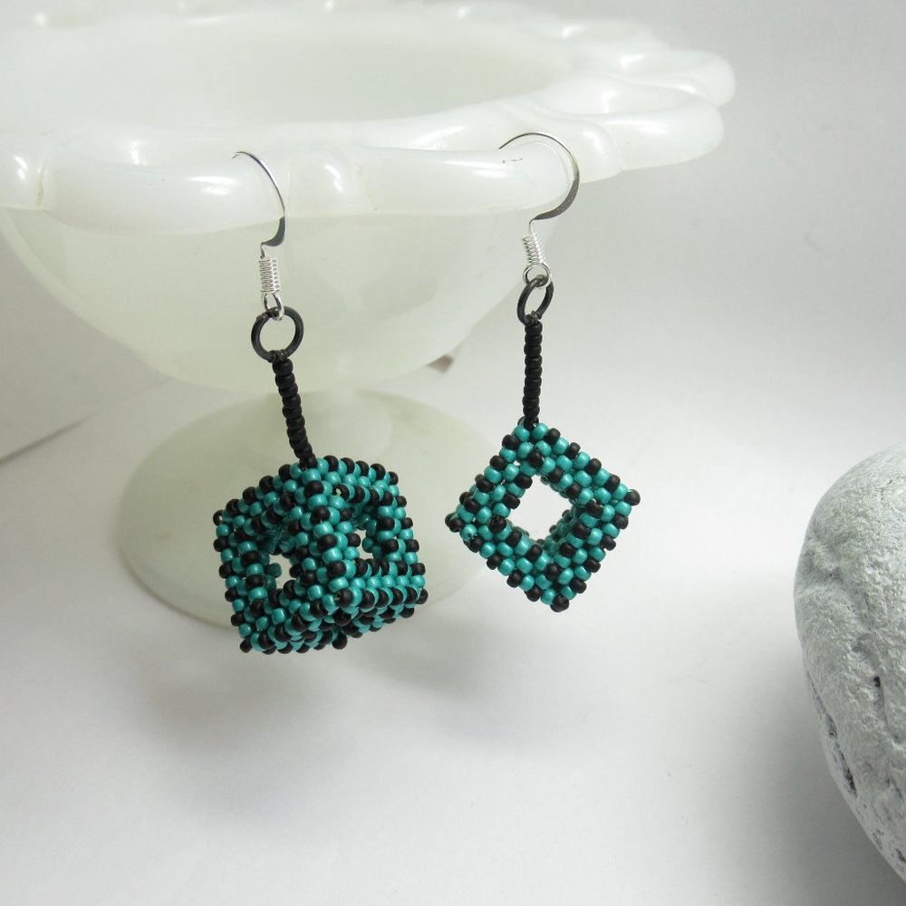 Hand stitched cube earrings